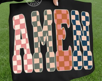Amen png, Christian checkered PNG Retro Varsity Faith png Blessed Jesus Design Trending Girly Bible Quote Amen Popular Shirt png