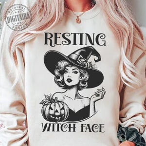 May include: A black and white illustration of a witch with a pumpkin. The text "RESTING WITCH FACE" is below the image.