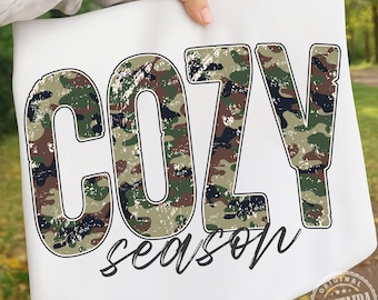Cozy Season Camo Western PNG, Retro Camo Country Distressed Varsity Cowboy, Camouflage Sublimation Design For Shirt Png, Camo Cozy Season