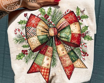 Patchwork Christmas Bow PNG: Cozy Rustic Holiday Sublimation Design,Christmas png, Coquette Christmas png