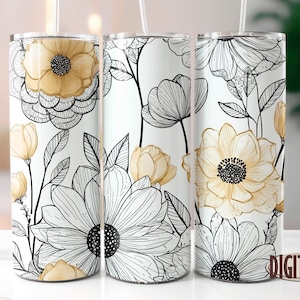 Line Art Wildflowers 20 oz skinny tumbler sublimation design, Floral digital PNG Straight wrap Waterslide download