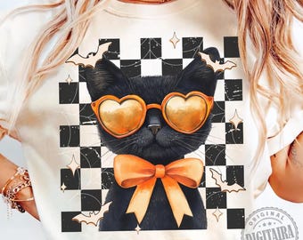 Gato negro de Halloween, Gato negro PNG, Halloween retro PNG, Halloween retro PNG, diseños PNG a cuadros, Otoño PNG, Camiseta de mamá gata de Halloween