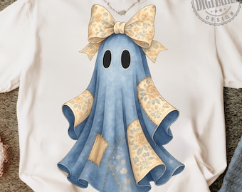 Patchwork Spooky Ghost Png, Cute Boo Ghost Coquette, Retro Halloween Blue Denim Ghost Png, Fall Pumpkin, Spooky Season Png, Digital Download