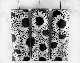 Black and White Sunflower 20 oz Skinny Tumbler, Sublimation Tumbler Design, Tumbler Wrap PNG Instant Download Sublimation /Commercial Use