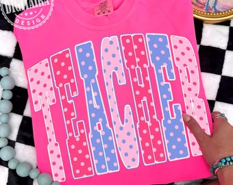 Professora de bolinhas PNG Coquette Neon Girly Grandmacore PNG Vintage Camiseta de Professora Vovó Design Escola Primavera Preppy Professora de bolinhas
