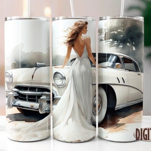Bride & Retro Car Watercolor Tumbler Wrap, Wedding Dress Tumbler Wrap, Watercolor Tumbler Wrap, 20 oz Skinny Tumbler Sublimation Design