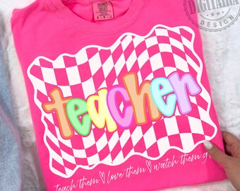 Retro Neon Teacher Distressed PNG, Teacher Love Them Teach Them Png Colorful Checkerboard Teacher Sublimation, Back to School Png, Coloful
