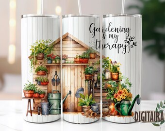 Gardening Is My Therapy Quote Tumbler Design, Gardeners PNG Sublimation Designs Downloads - Skinny 20oz - Tapered & Straight