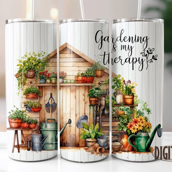 Gardening Is My Therapy Quote Tumbler Design, Gardeners PNG Sublimation Designs Downloads - Skinny 20oz - Tapered & Straight
