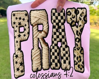 Yarn Pray png, Christian Yarn checkered PNG Retro Varsity Faith png Blessed Jesus Design Trending Girly Bible Quote Pray Shirt png