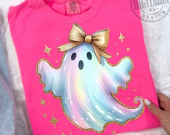 Iriserend spook png, coquette halloween-ontwerp, iriserend spookpompoen ontwerp, halloween png, girly halloween png, schattig spook png