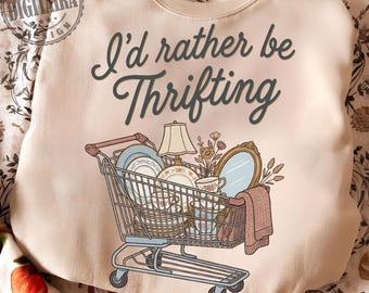 I’d Rather Be Thrifting PNG, thrift aesthetic shirt design, blue and gold vintage decor cart, retro thrifting graphic,boutique style digital