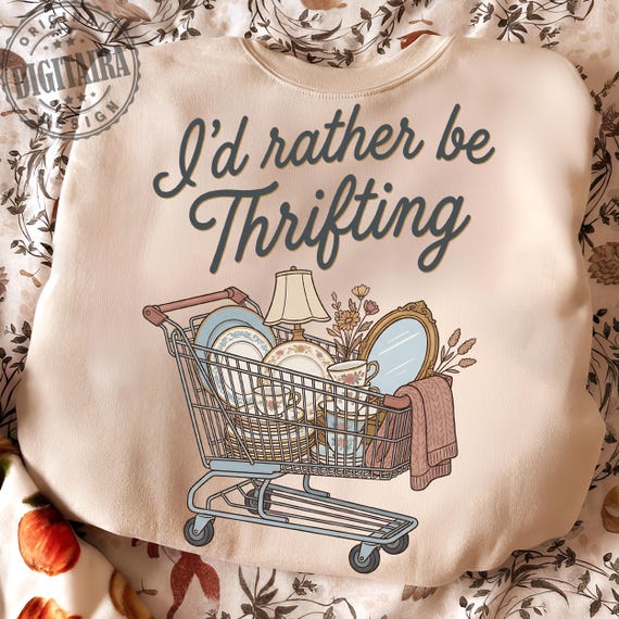 I’d Rather Be Thrifting PNG, thrift aesthetic shirt design, blue and gold vintage decor cart, retro thrifting graphic,boutique style digital
