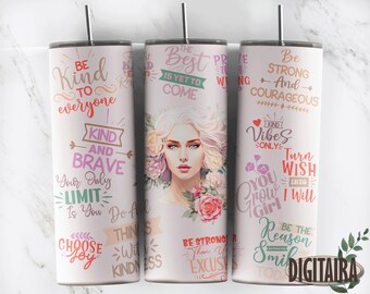 Floral Boho Girl Inspiration 20oz Skinny Tumbler Sublimation Designs, Affirmation Tumbler Wrap, PNG Digital Download, Inspirational Tumbler