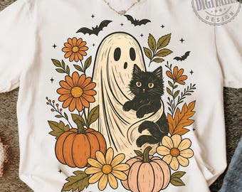 Spooky Ghost Png,Retro Halloween Ghost And Cat Png,Preppy Floral Halloween Png,Boo png,Boo Halloween Png, Funny Halloween Png,Black Cat Png