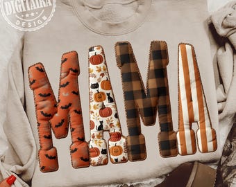 Jesienna Mama PNG, Halloweenowa Mama PNG, Clipart z literami z patchworku na Halloween, Sublimacja w kratkę z dynią i lampartem, Przytulna jesienna koszula