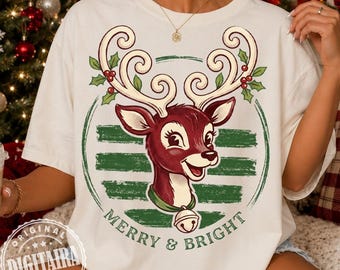 Christmas Reindeer PNG, Retro Merry and Bright Png, Striped Coquette Deer, Xmas Shirt Design, Winter Holiday, Sublimation, Digital Download