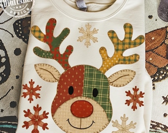 PNG de reno navideño patchwork, sublimación de reno navideño rústico, diseño acogedor de reno patchwork invernal, PNG de Feliz Navidad