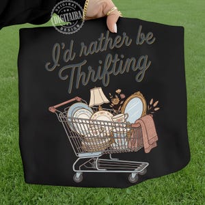 I’d Rather Be Thrifting PNG, thrift aesthetic shirt design, blue and gold vintage decor cart, retro thrifting graphic,boutique style digital