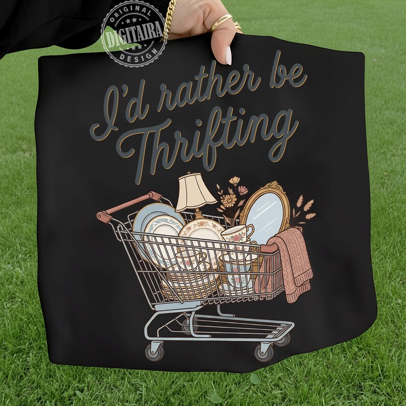 I’d Rather Be Thrifting PNG, thrift aesthetic shirt design, blue and gold vintage decor cart, retro thrifting graphic,boutique style digital