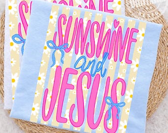 Sunshine and Jesus Pink Yellow Preppy Daisy Stripes Coquette Bow Summer Beach Lake Png Printable Design, Doodle png, Digital download