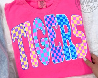 Tigers PNG, Retro Checkerboard Leopard Star Letters, School Spirit Game Day Shirt Design, Varsity Mascot Sublimation PNG, Team Pride Png