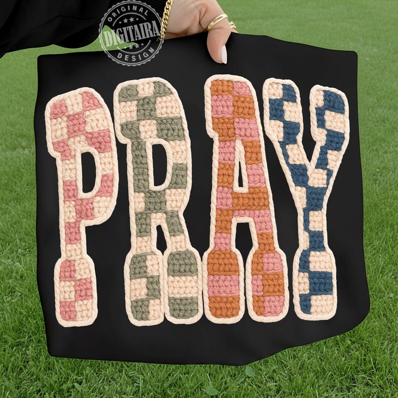 Yarn Pray png, Christian Yarn checkered PNG Retro Varsity Faith png Blessed Jesus Design Trending Girly Bible Quote Amen Popular Shirt png