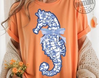 Preppy Floral Summer Seahorse PNG,Chinoiserie Seahorse png,Summer Vibes Png,Preppy Summer Png, Coastal Png, Glitter Summer Coquette Png