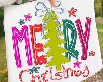 Feliz Navidad Coquette Png, Camiseta navideña preppy Png, Navidad png, Feliz y brillante png, Árbol de Navidad con lazo Png, Sublimación navideña Png