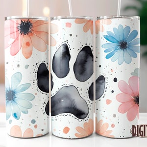 Watercolor Dog Paw with Flowers Pattern 20oz Skinny Tumbler Sublimation Designs,Instant Digital Download PNG, Tumbler Template Straight