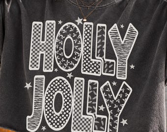 Holly Jolly Christmas PNG, Patterned Holiday Letter Design, Buffalo Plaid Polka Dot Christmas Sublimation, Distressed Xmas Shirt Graphic