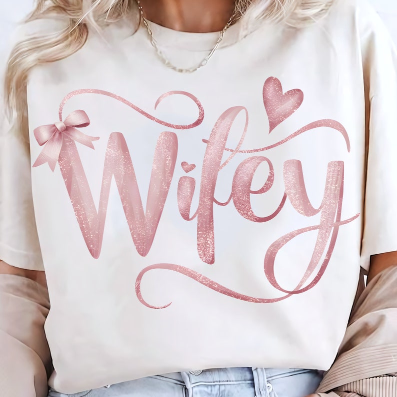 May include: A white t-shirt with the word "Wifey" written in pink glitter font. The word is surrounded by a pink glitter swirl design. A pink glitter bow is on the left side of the word and a pink glitter heart is on the right side of the word.