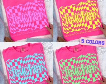 Retro Neon Teacher Distressed PNG, Teacher Love Them Teach Them Png Colorful Checkerboard Teacher Sublimation, Back to School Png, Coloful