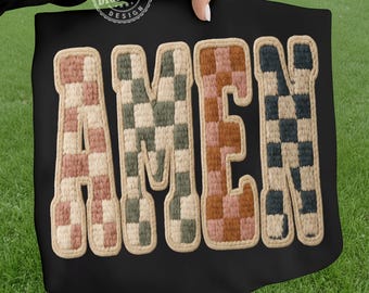 Amen png, Crochet Christian checkered PNG Retro Yarn Faith png Blessed Jesus Design Trending Girly Bible Quote Amen Popular Shirt png