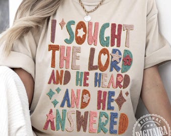 I Sought The Lord and He Heard,Yarn Crochet Christian Doodle Design,Popular Christian PNG Design,Faux Yarn,Bible Verse Design,Women of Faith