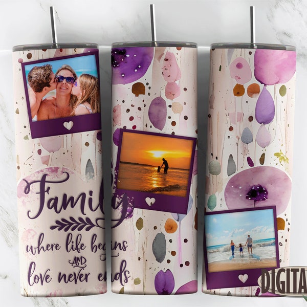 3 Photo Family Tumbler Floral Boho Watercolor Tumbler Design for Pictures Sublimation Designs Downloads - Skinny 20oz - PNG 2023
