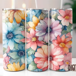 Watercolor Spring Flowers Vibrant Colors Watercolour-like 20 oz Skinny Tumbler Wrap For Sublimation | Sublimation Floral Design