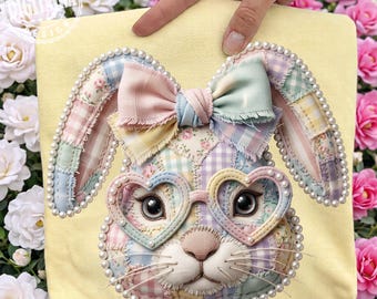 Bunny Patchwork PNG, Floral Retro Easter Png, Trendy Easter PNG, Cottage Core Gingham Patchwork PNG, Easter Spring Pearl Patchwork png