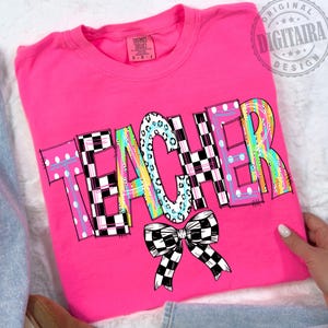Preppy Teacher Pencil Coquette Bow Doodle Png, Custom Teacher Name Png, Preppy Teach Love Inspire Png, Checkered Sublimation, Leopard