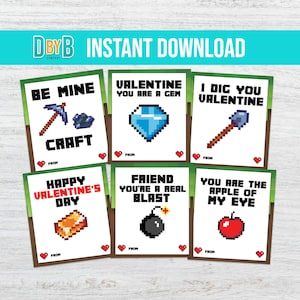 Mine valentines day cards, Printable School Kids Valentines day cards, Video Game valentines day gift tags, INSTANT DOWNLOAD - Set of 6