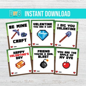 Mine valentines day cards, Printable School Kids Valentines day cards, Video Game valentines day gift tags, INSTANT DOWNLOAD - Set of 6