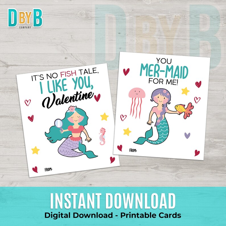 Mermaid Valentines Day Printable Cards - Etsy