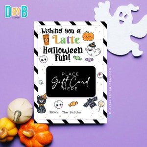Druckbare bearbeitbare, die Ihnen einen Latte Halloween-Spaß Geschenkkartenhalter, Feiertagskaffee-Geschenkkartenhalter wünschen