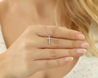 Sterling Silver Cubic Zirconia  Cross Pendant Necklace, Christian Jewelry