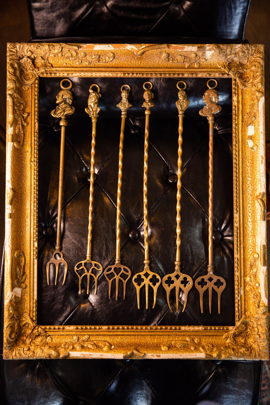 Set of 6 Antique English Brass Fireplace Toasting Forks Exquisite Antique Condition 5 Male Bust