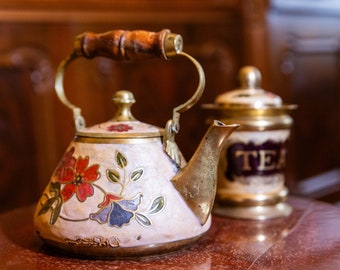 Antique Brass Teapot & Tea Jar Set: Enamel Floral Decor