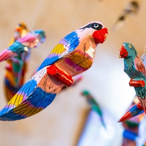 35 Parrot Birds Mobile Wooden Birds Vintage Indian Painted birds Hanging Cheerful Decoration Carved Wooden Parrot 35 Indian Rare Find