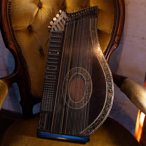 Antique Zither 19th Century German String Instrument Handpainted