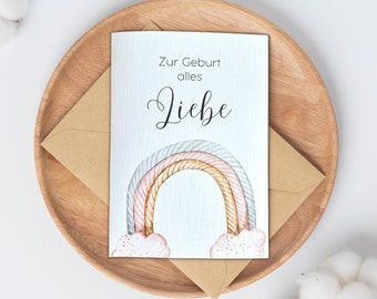 Grußkarte zur Geburt aus Leinenkarton inkl. Briefumschlag aus Kraftpapier - modernes Design mit Regenbogen