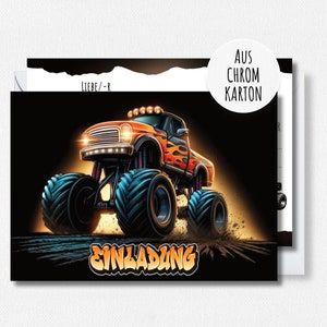 12x EINLADUNGSKARTEN (+ passende Umschläge) für Jungen & Mädchen Kindergeburtstag - coole Karten mit Monster Truck Motiv aus Chromkarton